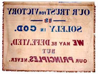 Our Trust for Victory is solely in God..., Garrison antislavery banner Cotton, paint, silk fringe