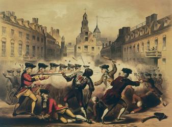 波士顿大屠杀的平版版画, showing a battle between British soldiers and colonists with Crispus Attucks, 一个黑人和土著人, 在前面和中间.